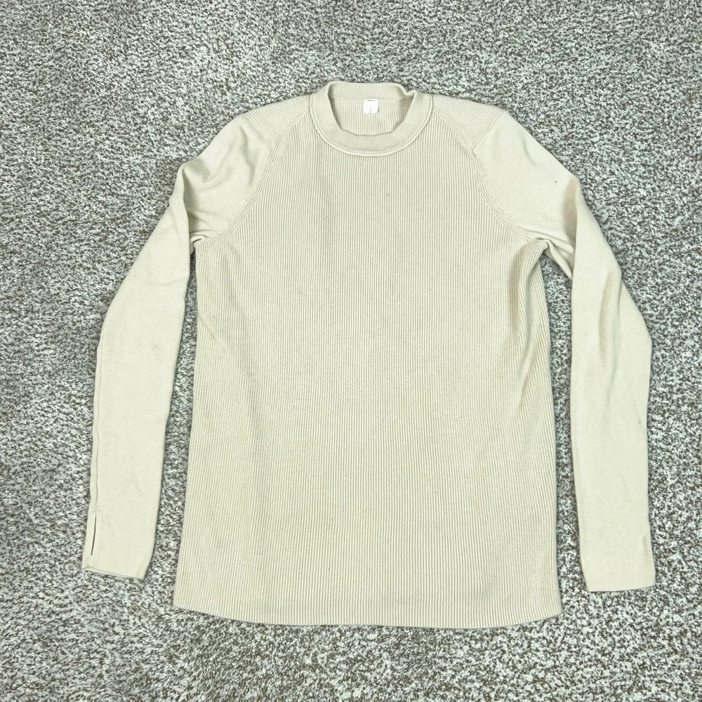 Lululemon Sweater Womens Small Beige Ribbed Long Sleeve Crewneck Knit Logo Basic